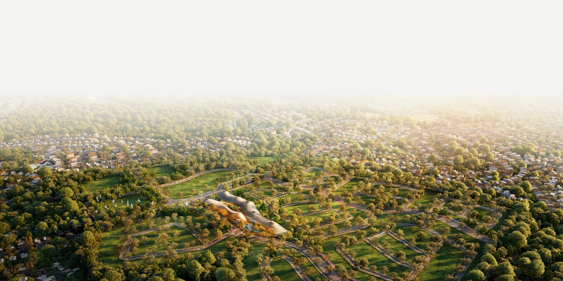 Aerial masterplan perspective showing the estate’s residential blocks and green spaces